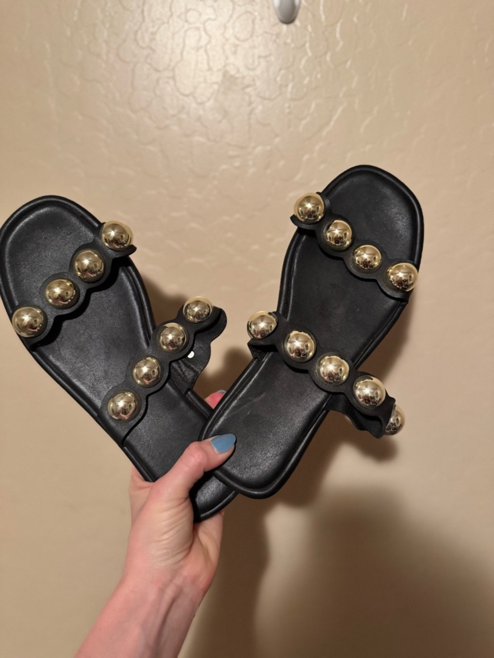 Black Slide Sandals with Silver Stud Accents